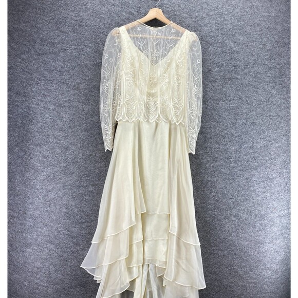 Vintage Dress Women 10 Beige Maxi Long Zipper Long Sleeve Ruffle Crew Neck - Picture 3 of 12